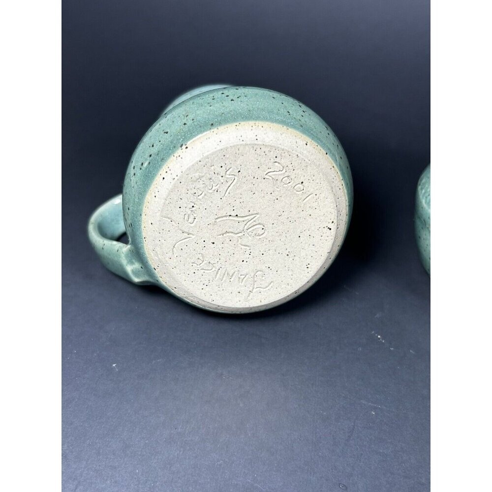 Signed Studio Art Pottery Cream And Sugar On Serving Tray Green Speckled Glaze - Picture 8 of 11